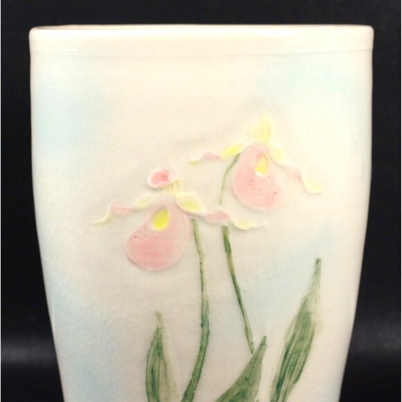 Spring Floral 7" Vase, Parsons Dietrich Pottery Lady Slipper Orchid Pastel - Picture 2 of 5